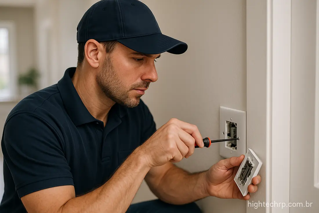 Eletricista fazendo instalação em quadro de energia