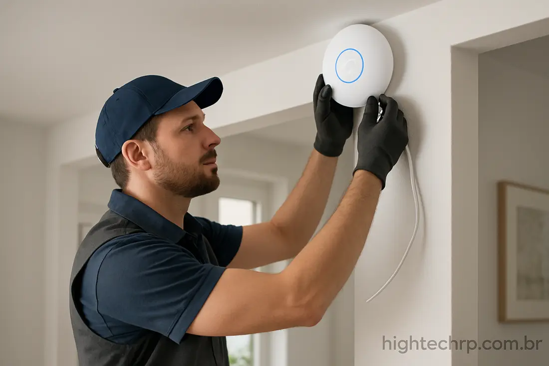 Técnico instalando roteador Wi-Fi no teto